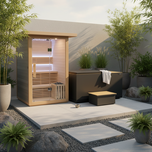 Outdoor sauna and cold tub with plants and a stone pathway