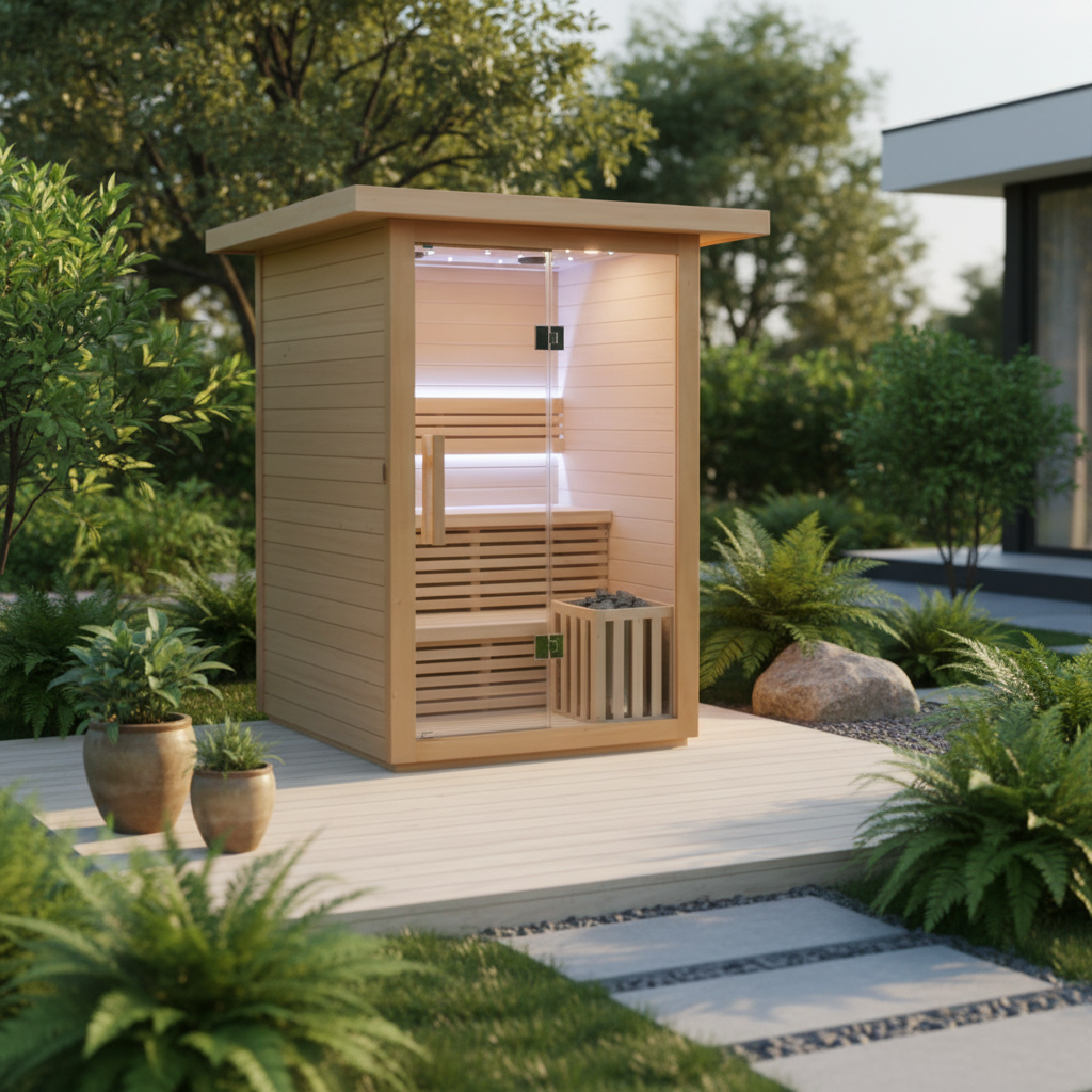 Wooden outdoor sauna in a garden setting with plants and a modern house in the background.
