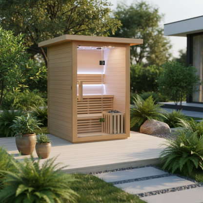 Wooden outdoor sauna in a garden setting with plants and a modern house in the background.