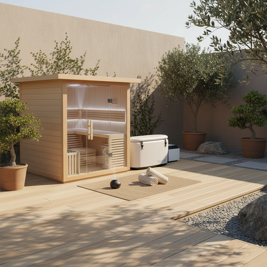Wooden outdoor sauna with potted plants and a rug on a wooden deck.