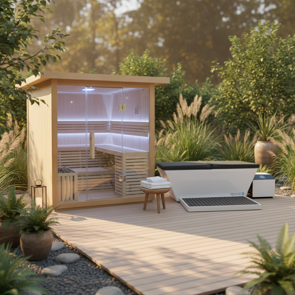 Outdoor sauna with a cold tub surrounded by greenery