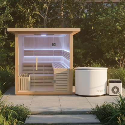 Outdoor sauna and a cold plunge and REVIVE logo in a garden setting