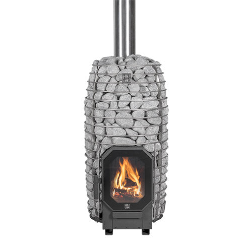 stone-encased sauna heater with visible fire on a white background