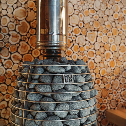 sauna heater close up with stones
