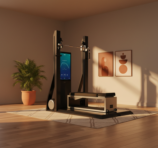 Home gym setup with exercise equipment and a screen in a room with a plant and wall art.