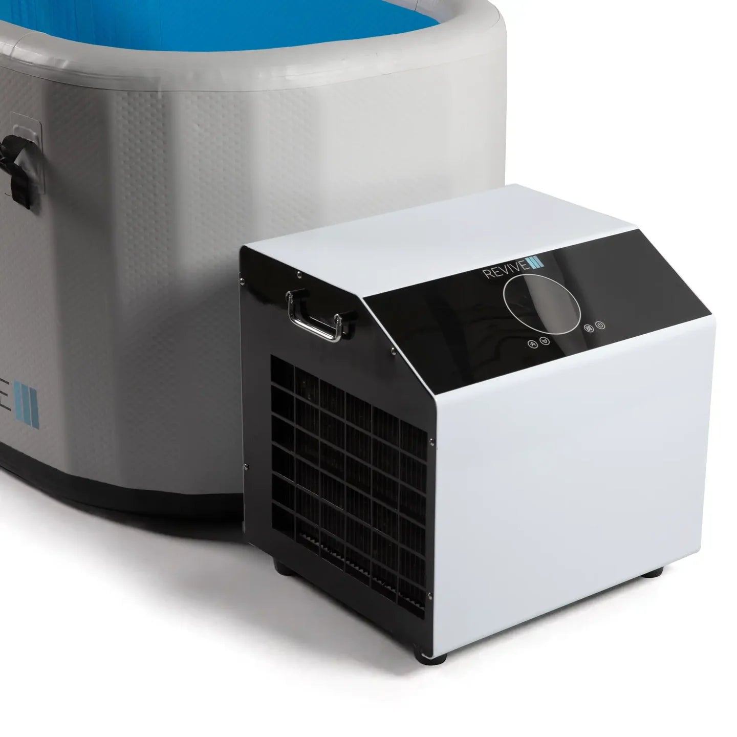 Portable cooler next to a cold tub on a white background