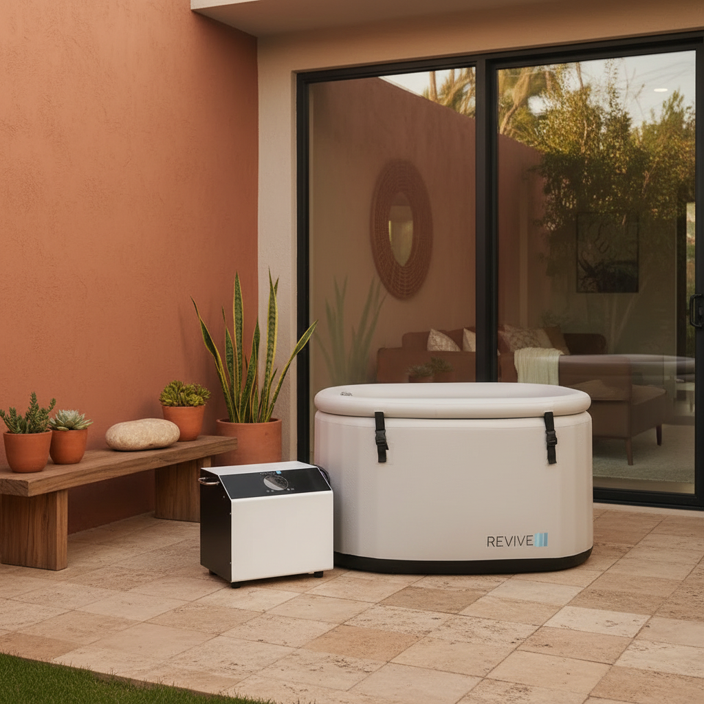 Outdoor setting with a beige inflatable cold tub labeled 'REVIVE' next to a wooden bench with plants and a small white and black device.