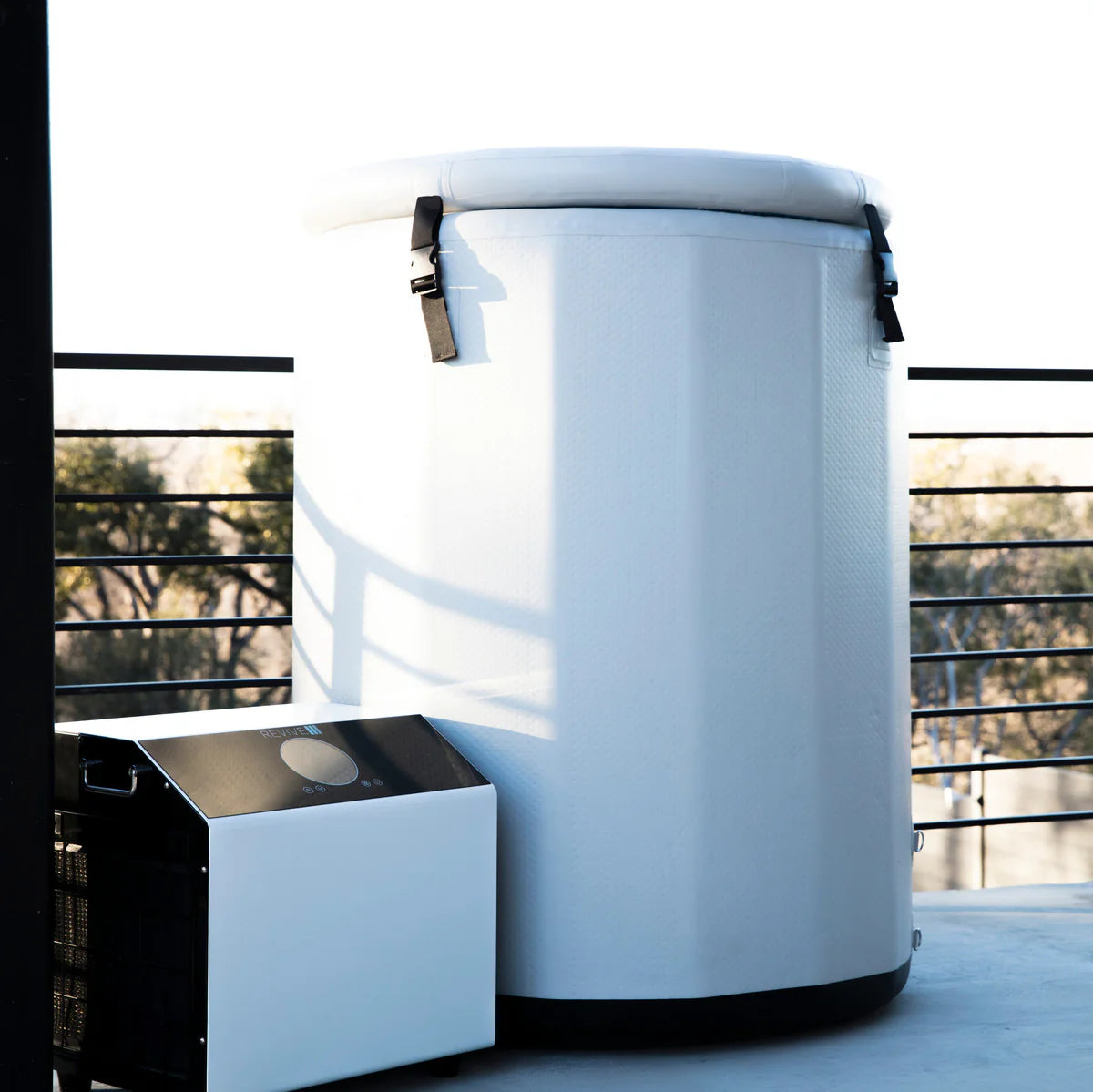 Modern Cold tub with a sleek design on a balcony.