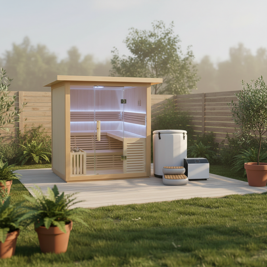 Garden sauna with potted plants and a wooden fence in the background
