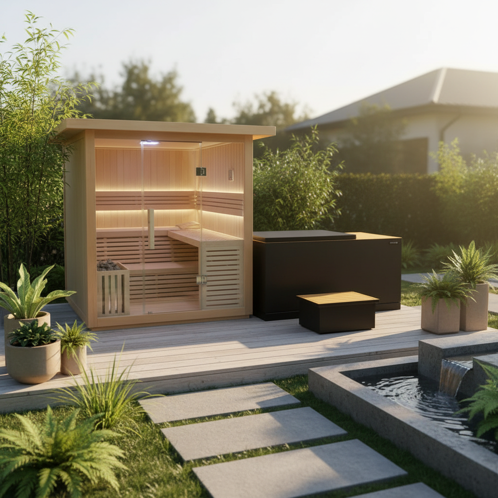 Outdoor sauna with garden features including plants and a small pond.