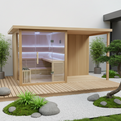 Wooden outdoor sauna with glass walls, surrounded by plants and rocks on a white background