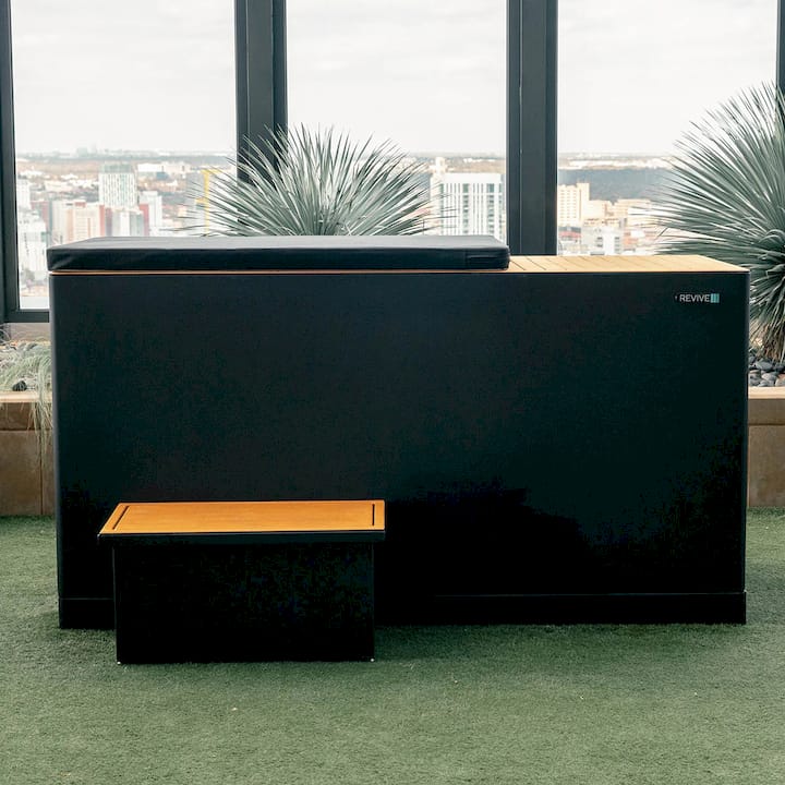 Black Cold tub with cover and wooden stairs