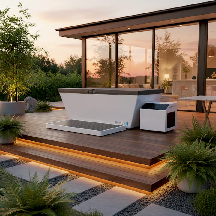 Modern outdoor cold plunge with a chiller on a wooden deck at sunset.