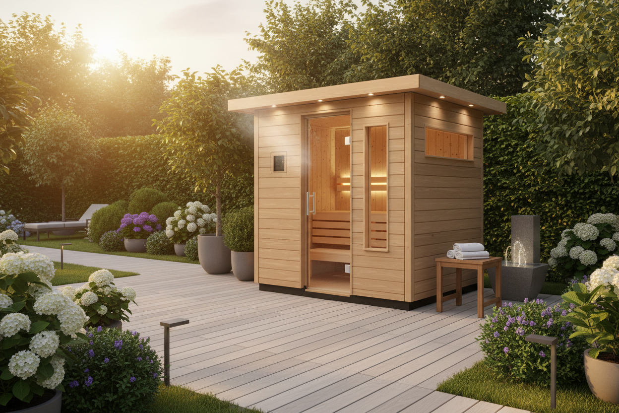 Outdoor sauna at golden hour