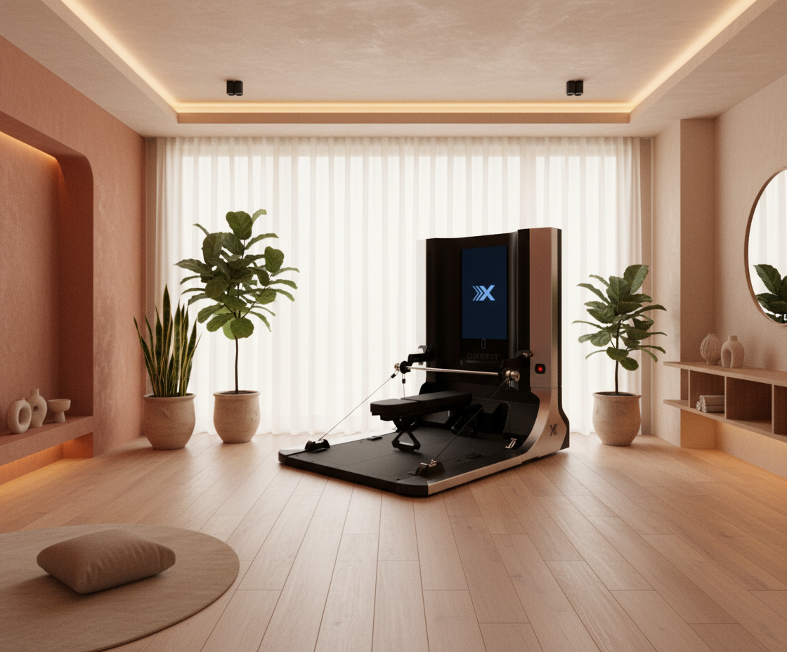 gym machine in a modern room with plants and a large window