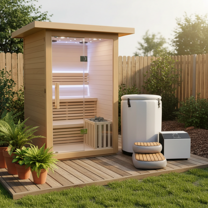 Outdoor sauna with wooden deck, plants, and outdoor furniture in a garden setting.