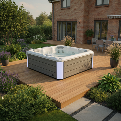 Hot tub on a wooden deck in a garden setting with a house in the background