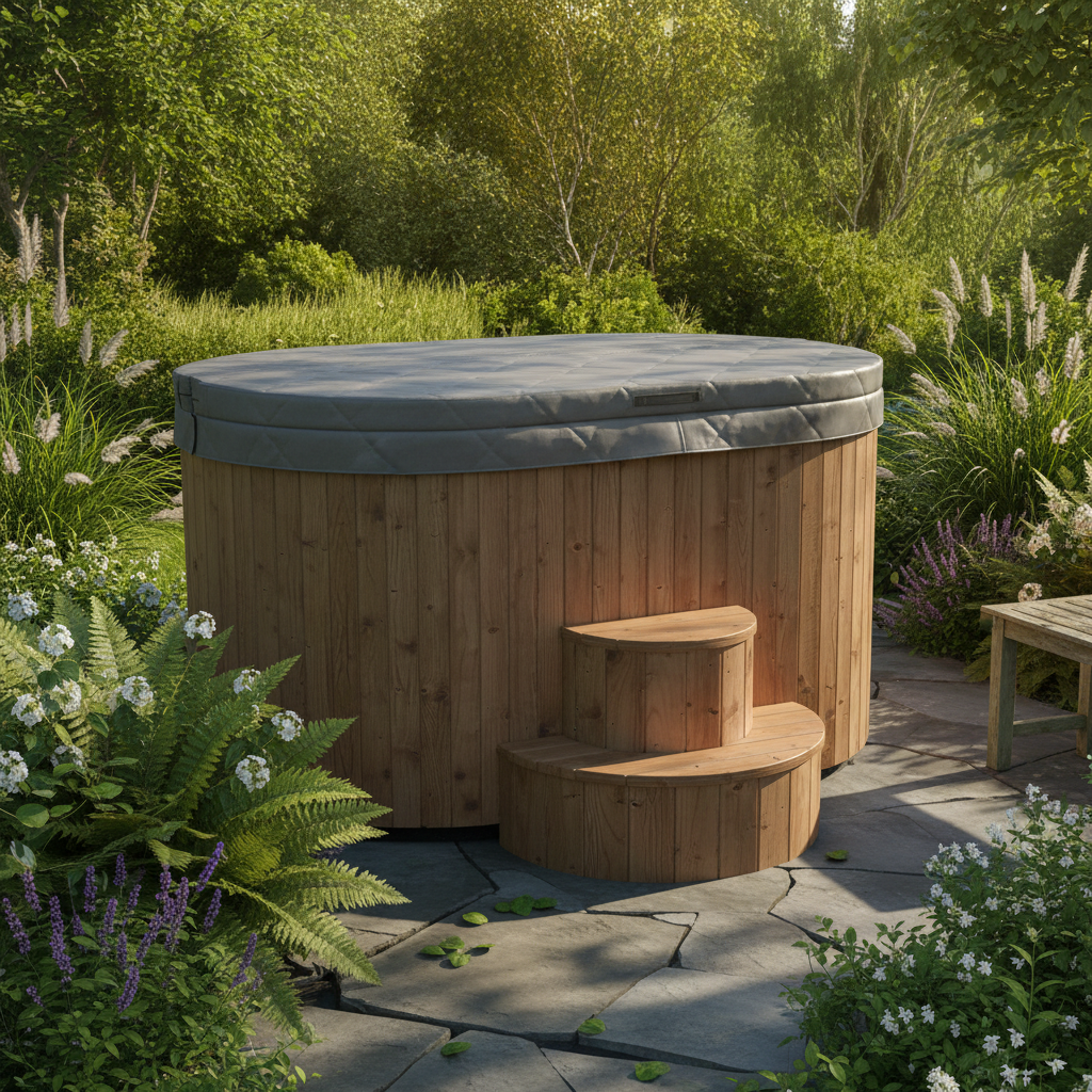 wooden hot or cold tub with grey insulated cover in garden