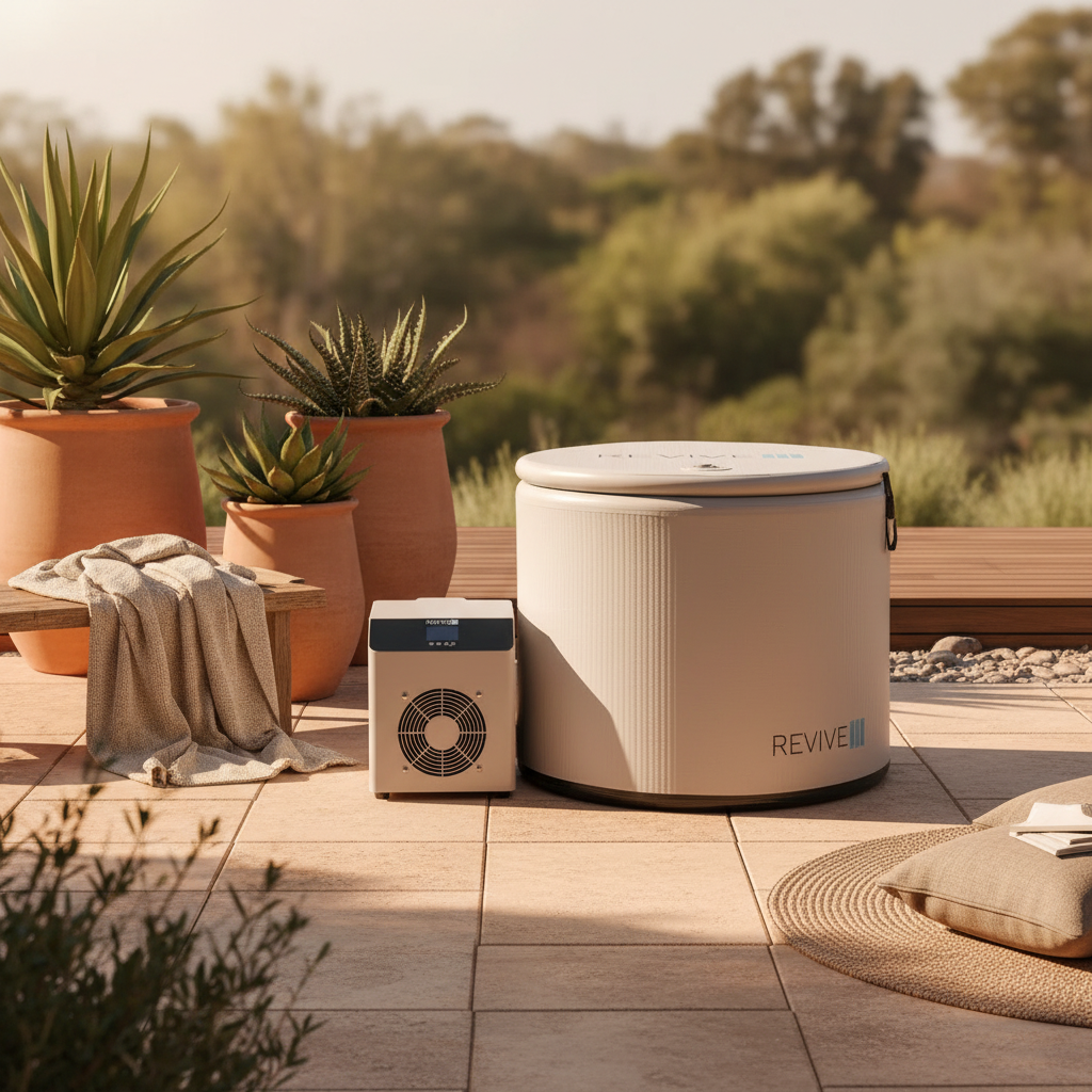 Revive Plunge cold plunge tub in a minimalist garden setting