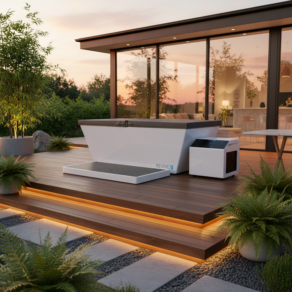 Modern outdoor bathtub with digital display on a wooden deck at sunset.