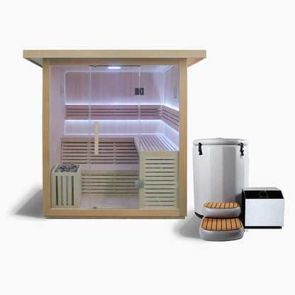 Infrared sauna with accessories on a white background