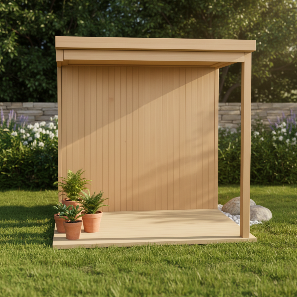 Wooden garden shed with potted plants on a grassy area