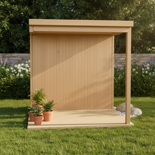 Wooden garden shed with potted plants on a grassy area