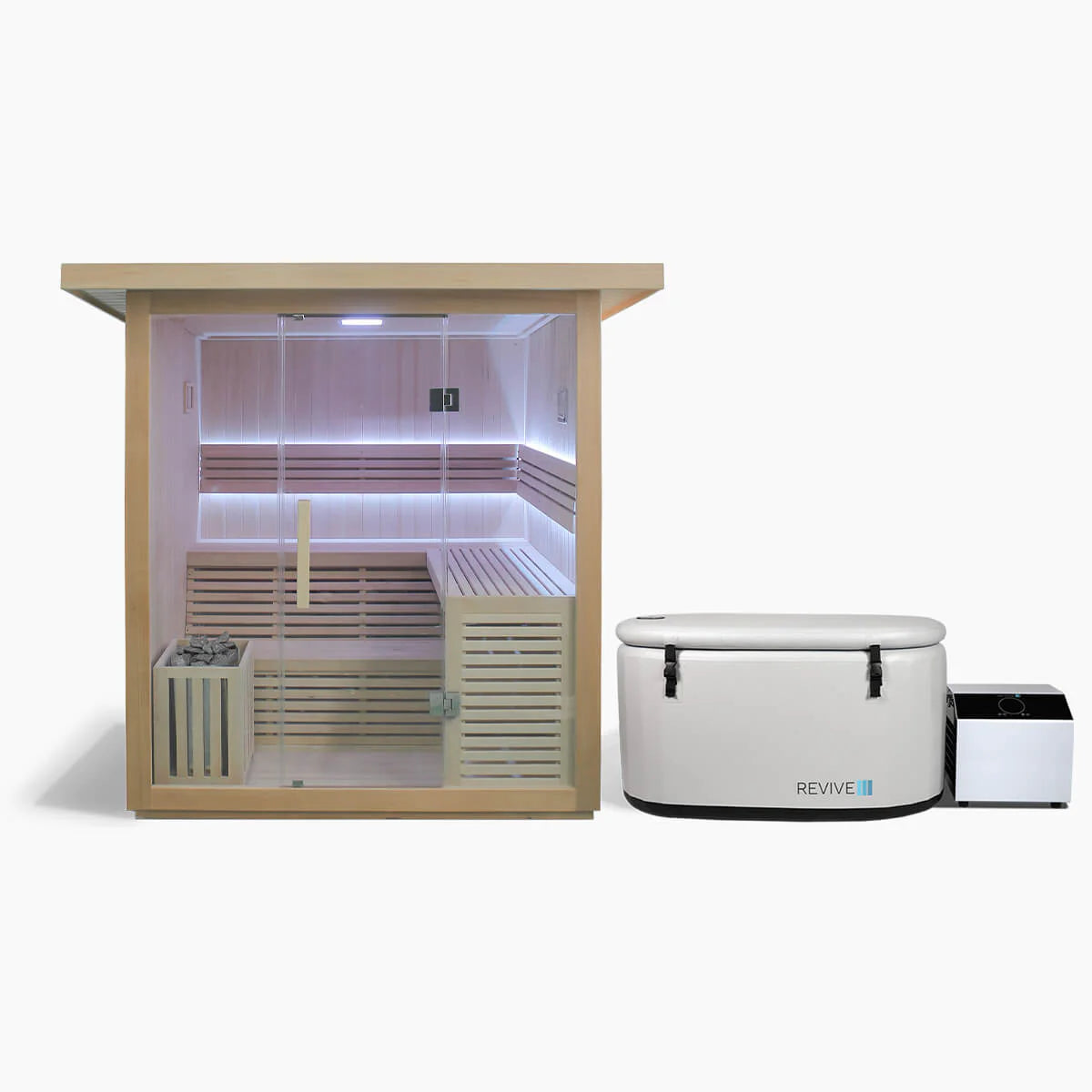 Sauna with a white exterior and 'REVIVE' branding on a white background