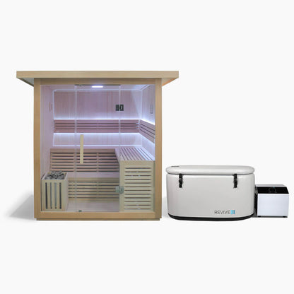Sauna with a white exterior and 'REVIVE' branding on a white background