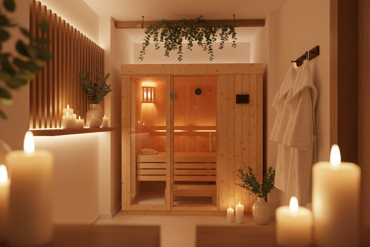 Sauna with candlelight and eucalyptus