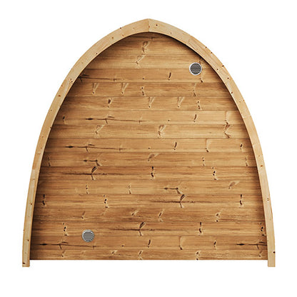 Wooden sauna with arched design on a white background