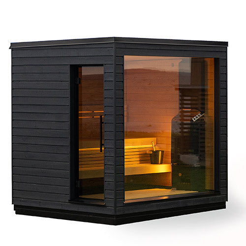 Black-framed sauna with interior lighting on a white background