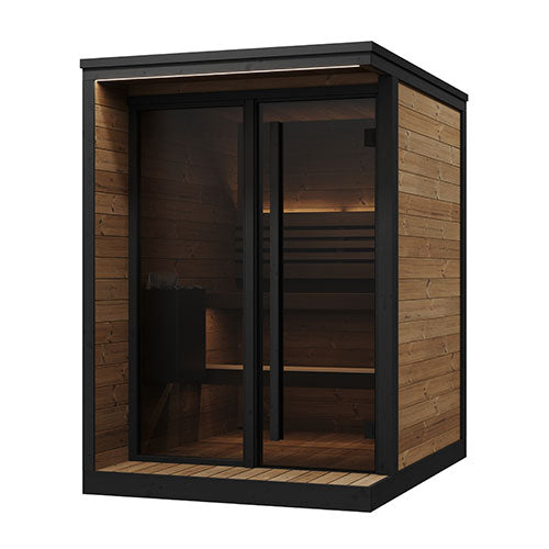 Wooden sauna with black frame on a white background