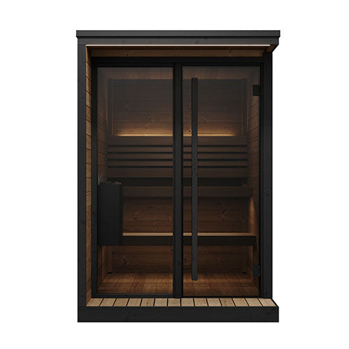 Wooden sauna with black frame on a white background