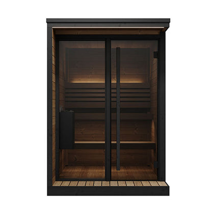 Wooden sauna with black frame on a white background