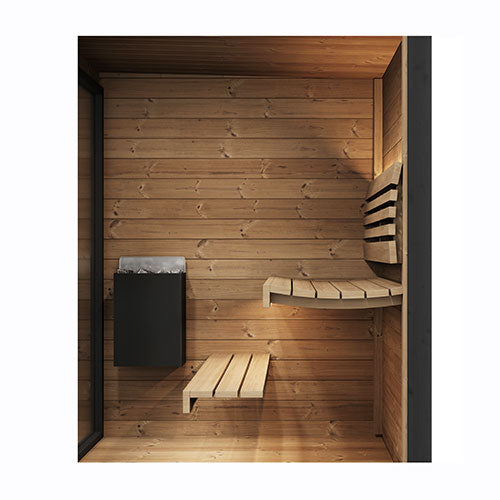 Wooden sauna with bench and shelf on a white background