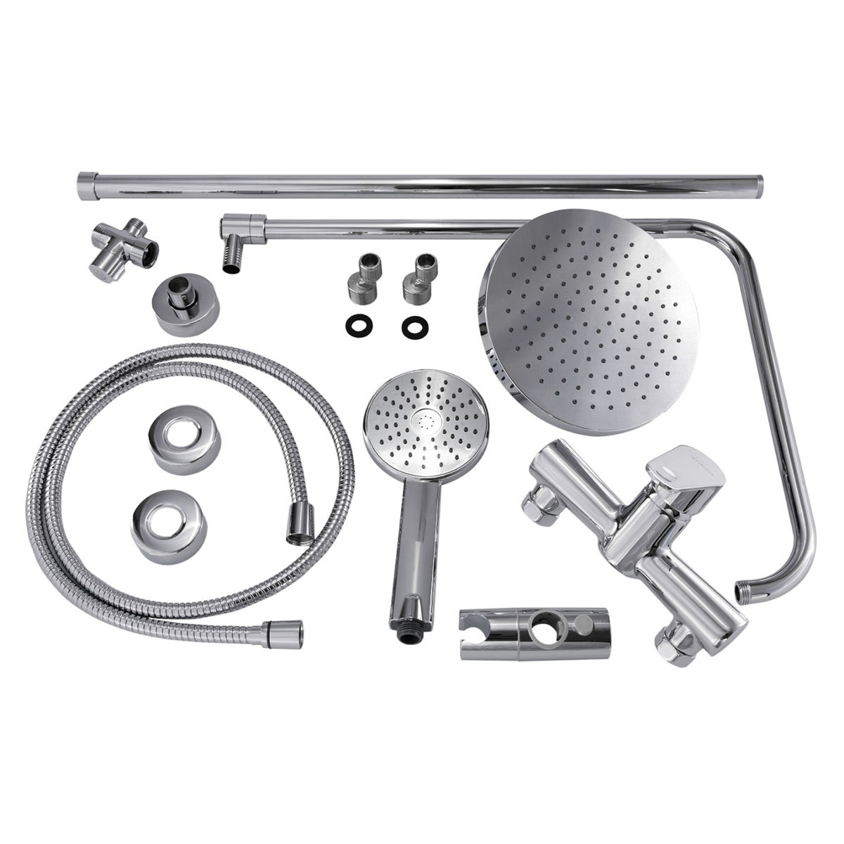 Collection of shower components including a shower head, hose, and various brackets on a white background