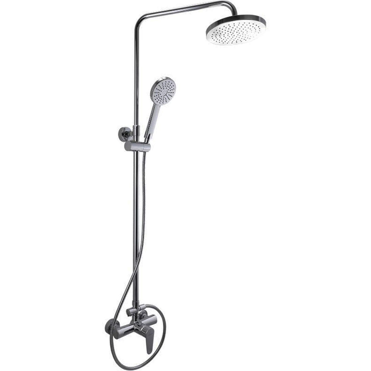 Chrome shower set with rain shower head and handheld shower on a white background
