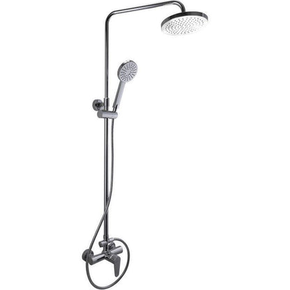 Chrome shower set with rain shower head and handheld shower on a white background