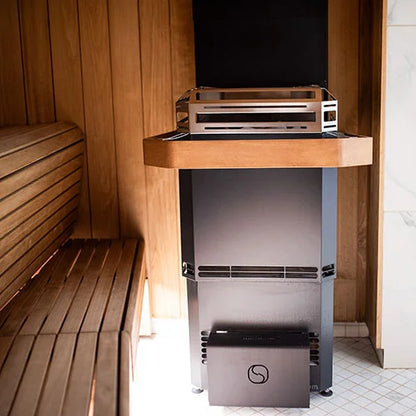 Saunum heater in a sauna with wood