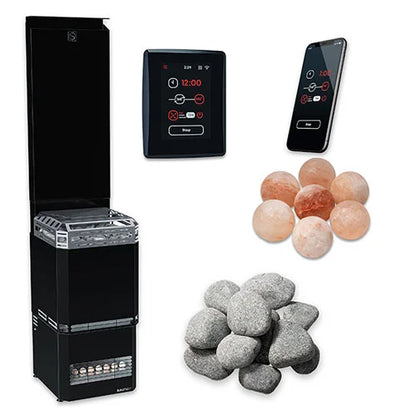 Saunum sauna heater with stones, Himalayan salt and controller on a white background