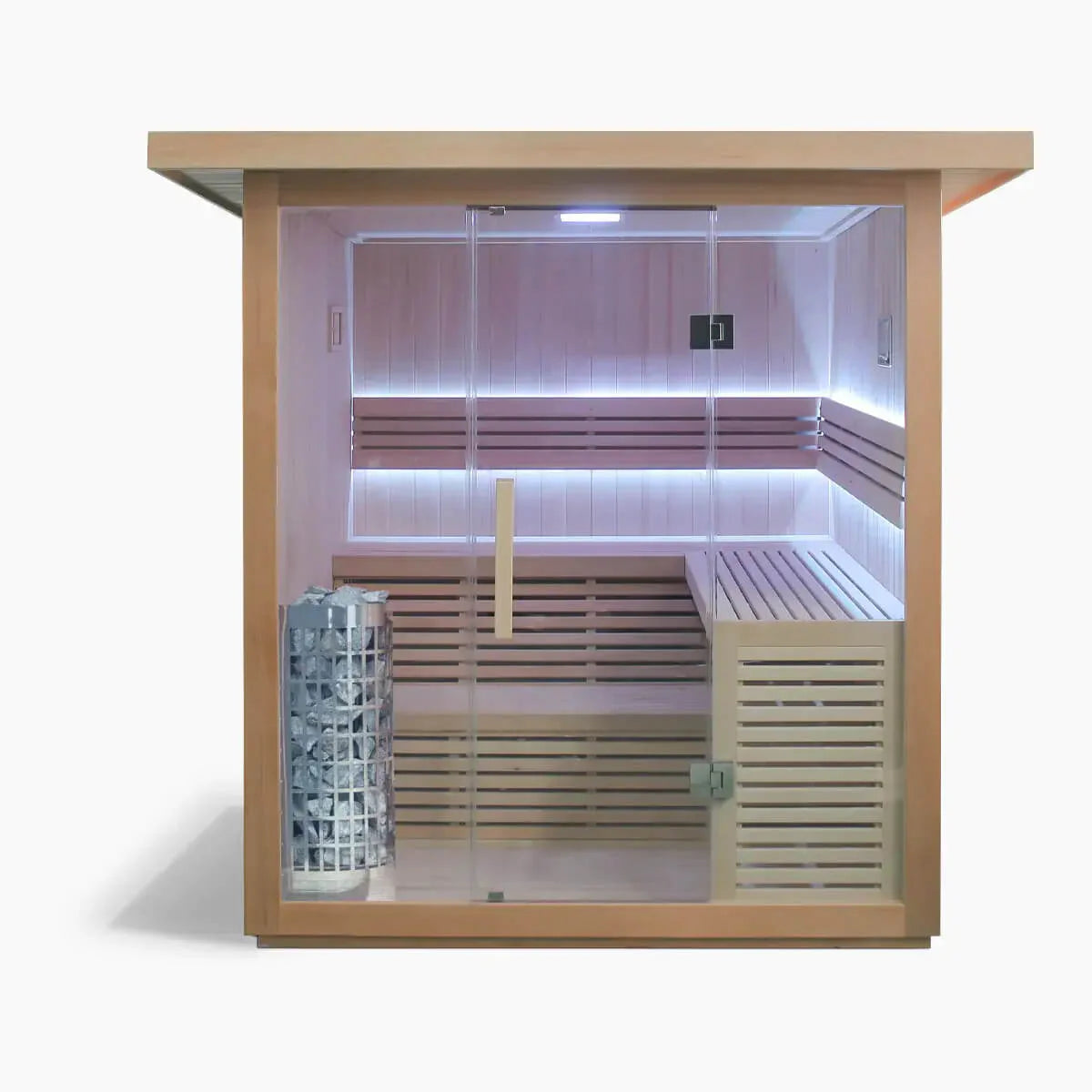 Wooden sauna with glass door on a white background