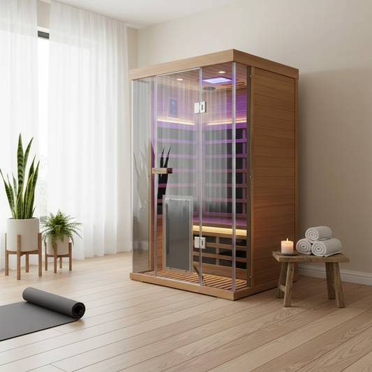 Wooden sauna with glass door in a room with plants and yoga mat