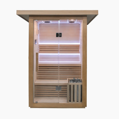 Wooden sauna with glass door on a white background