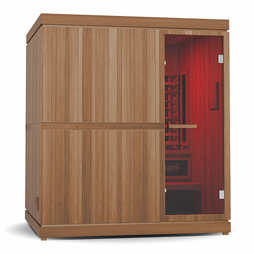 Wooden sauna with a red interior on a white background