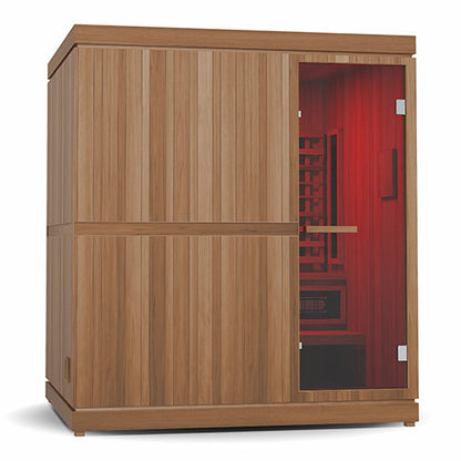 Wooden sauna with a red interior on a white background