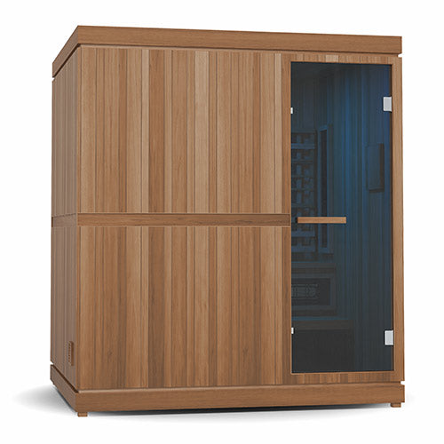 Wooden sauna with a glass door on a white background
