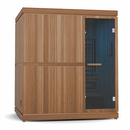 Wooden sauna with a glass door on a white background