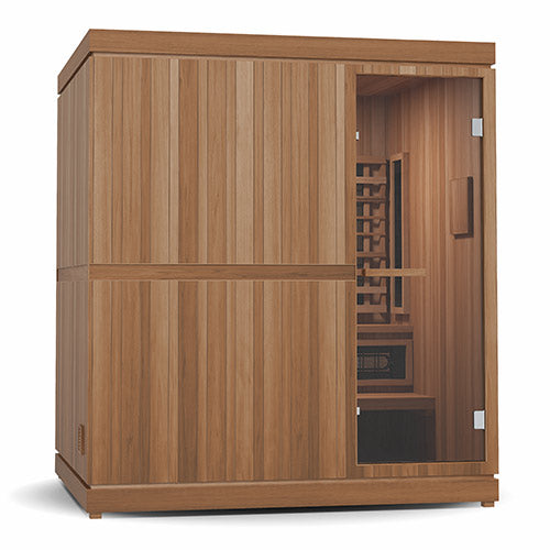 Wooden sauna with a glass door on a white background