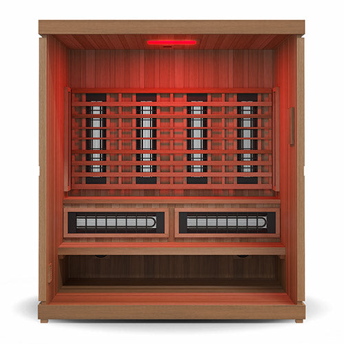 Wooden sauna with red interior lights on a white background